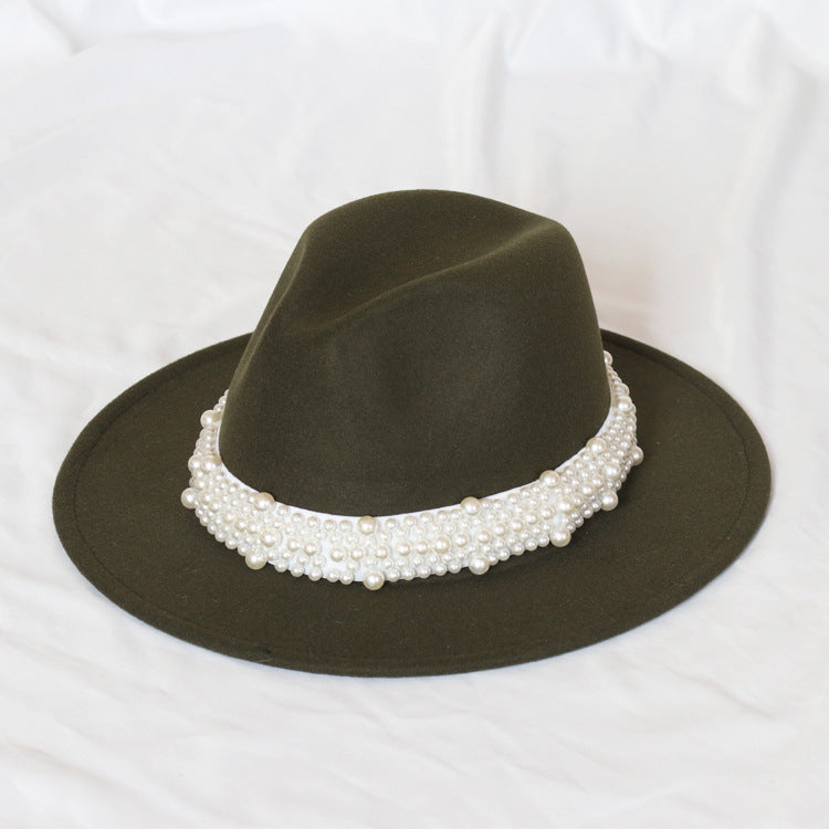Handmade Pearl Top Hat Big Brim Fur Felt Hat