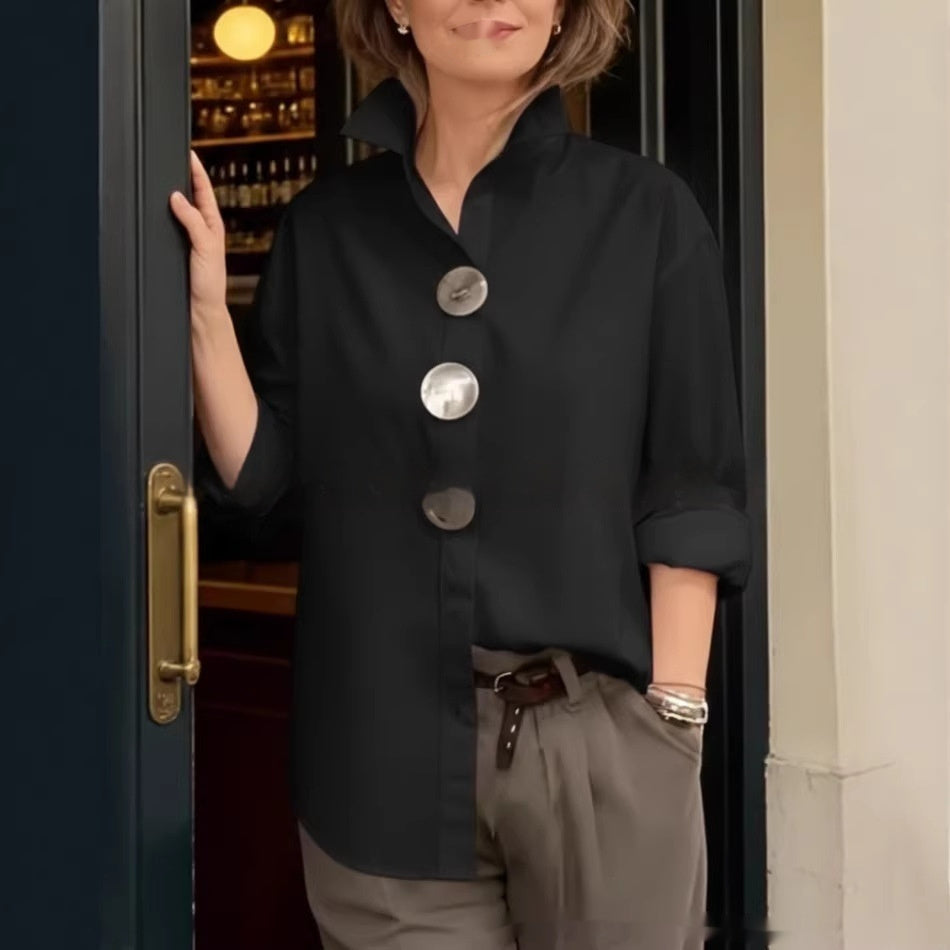 Womens Solid-Colored Stand-Up Collar Metal-Button Long-Sleeve Shirt