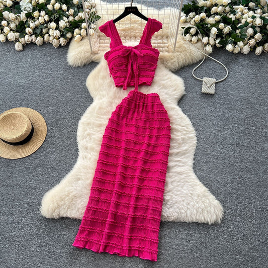 Bow-tie Square-neck Camisole With Cap Sleeves High-waisted Sheath Skirt