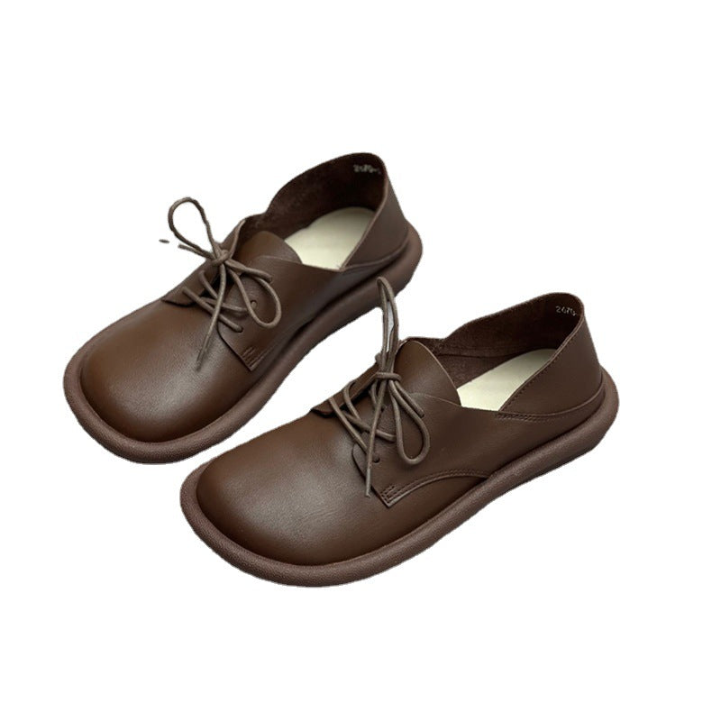 Authentic Leather British Style Retro Handmade Round Toe Lace-up Flat Shoes Shallow Mouth