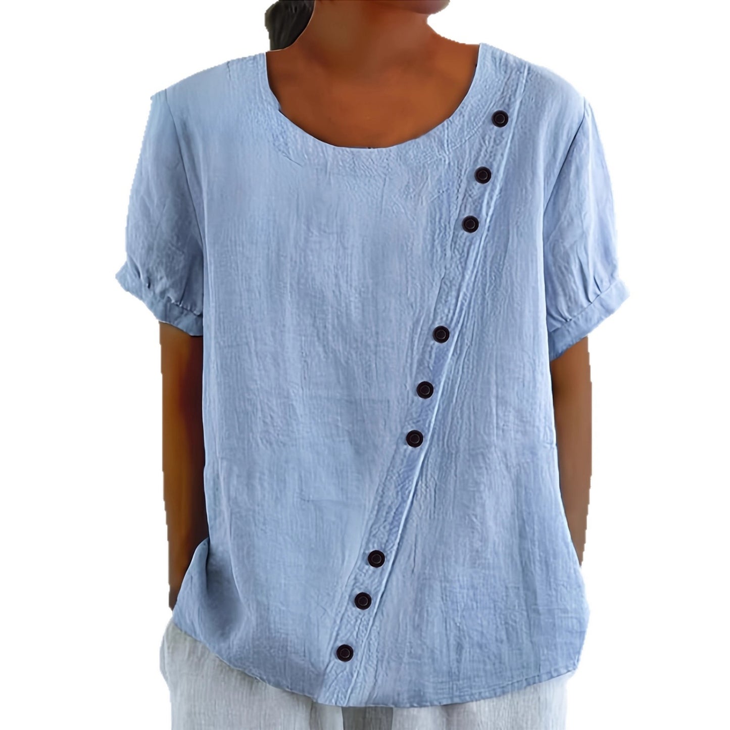 Womens Retro Cotton-Linen Short-Sleeve Shirt