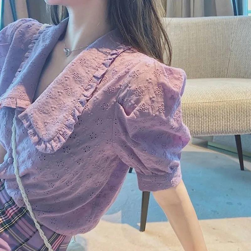 Doll Collar Purple Shirt Bubble Short Sleeves