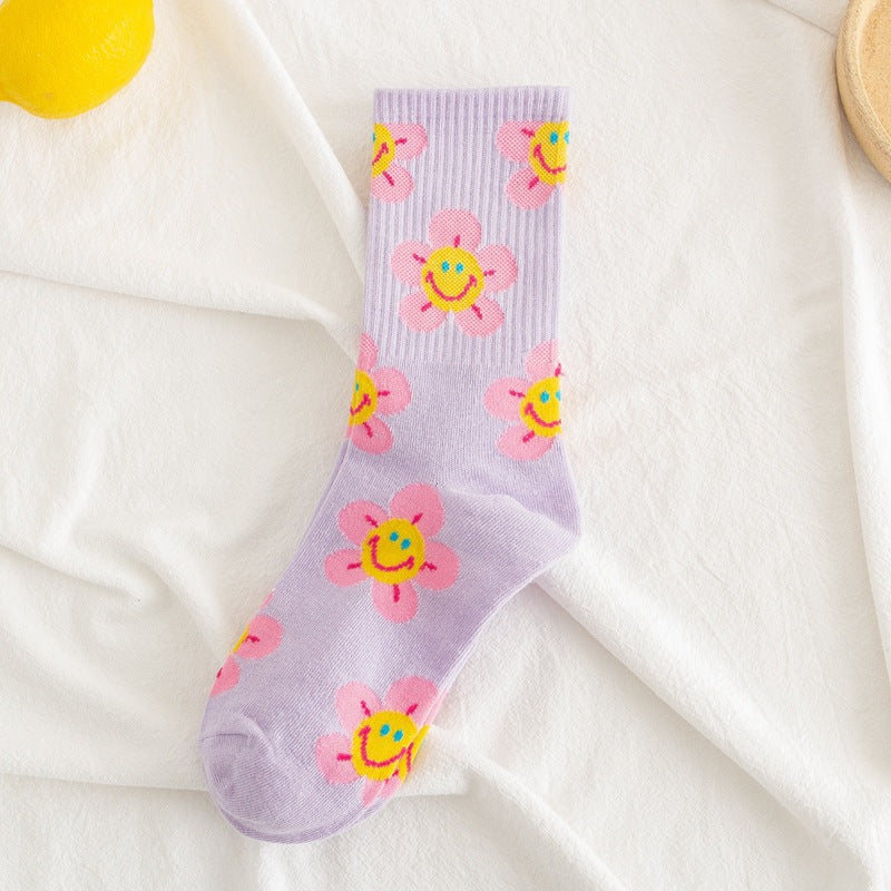 Socks Women's Smiling Flower Female Middle Tube Socks SUNFLOWER Jacquard Socks