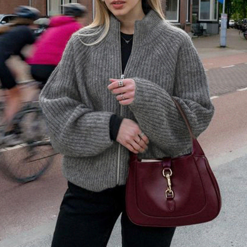 American Simple Style Loose Zip Cardigan Sweater Coat For Women