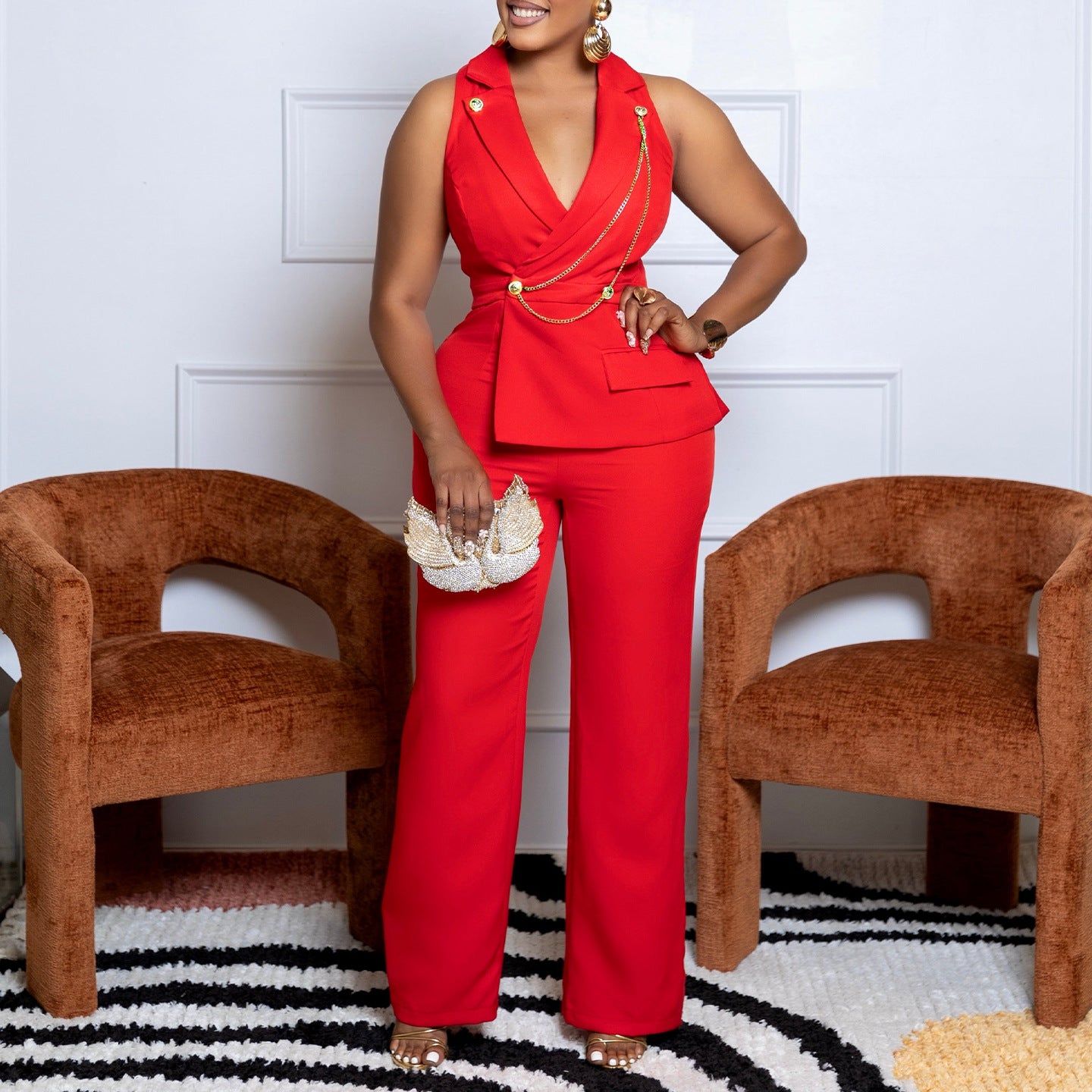 Stylish Chain-decorated Wide-leg African Jumpsuit With A Suit-style Collar