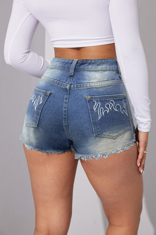 Stylish Non-Stretch Mid-Waist Embroidered Denim Shorts For Women