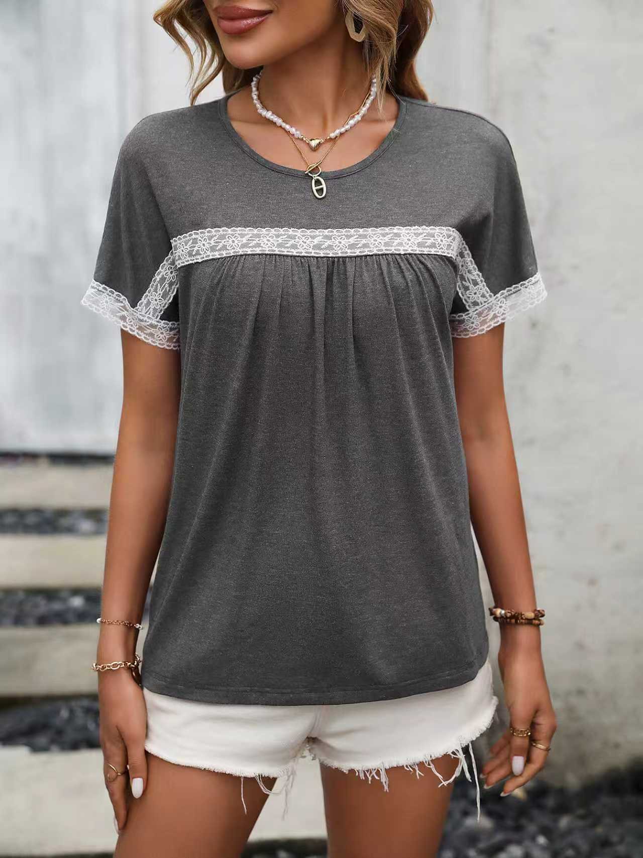 Crew-neck Lace-panel Short Sleeves