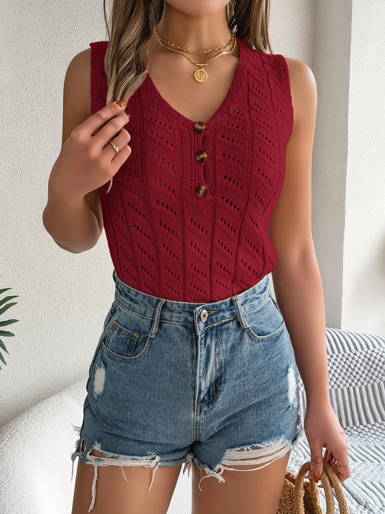 Women S Solid Color Button V-Neck Hollow Out Sleeveless Knit Vacation Top