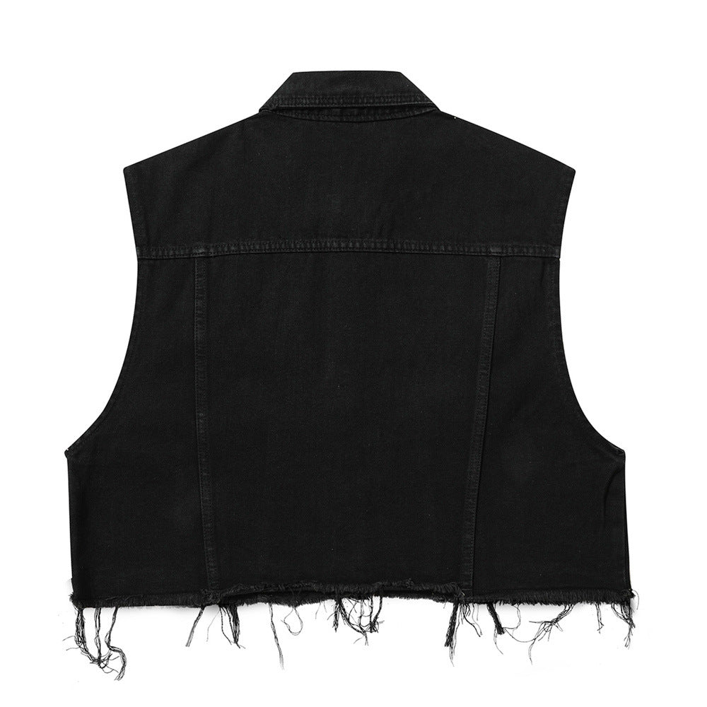 Ripped Frayed Cat Beard Short Vest Denim Men's Trendy Sleeveless Jacket
