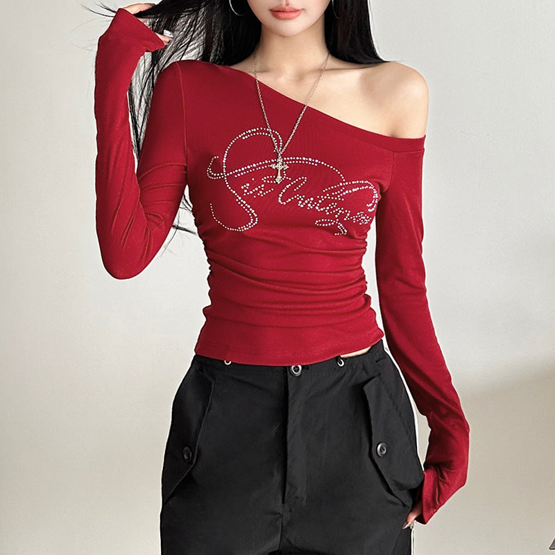 New Trendy Off-shoulder T-shirt With A Slash Neckline And Letter Detailing