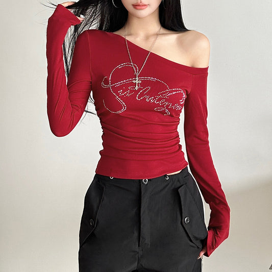 New Trendy Off-shoulder T-shirt With A Slash Neckline And Letter Detailing
