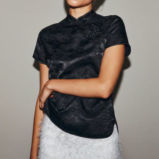 Elegant Satin Stand Neck Vintage Shirt