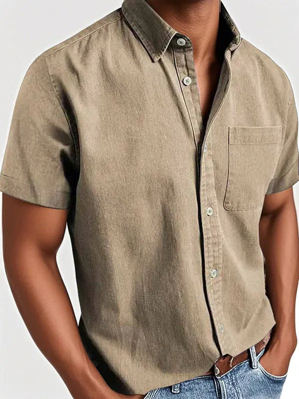 Polo Collar Solid Color Pocket Single-breasted Men's Short-sleeved Shirt