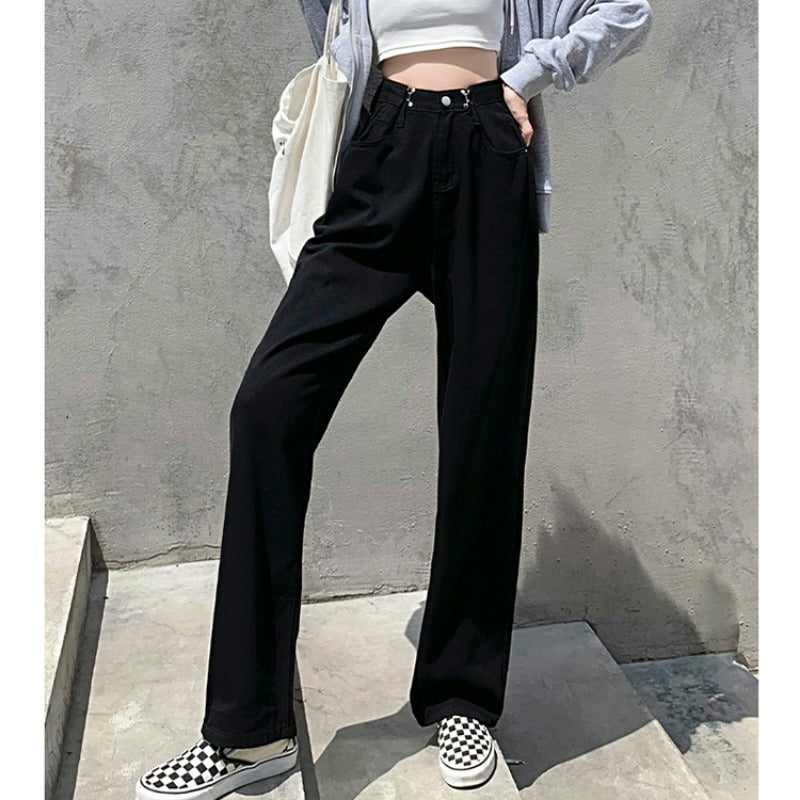 High Waist Adjustable Buckle Straight Wide Leg Mopping Pants