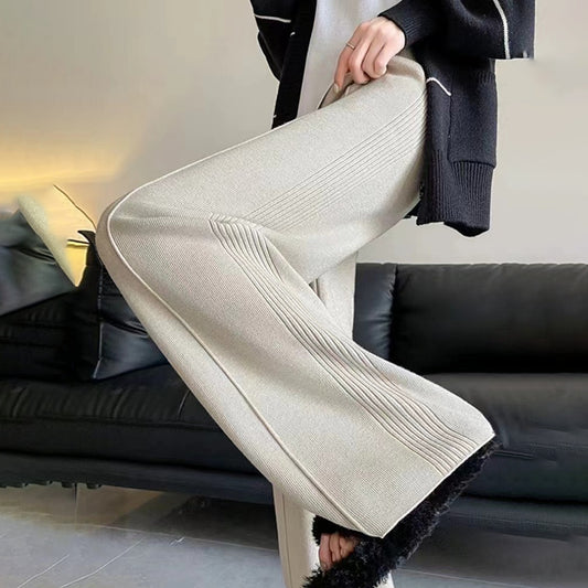 Sunken Stripe Knitted Wide Leg Women's Straight-leg Pants
