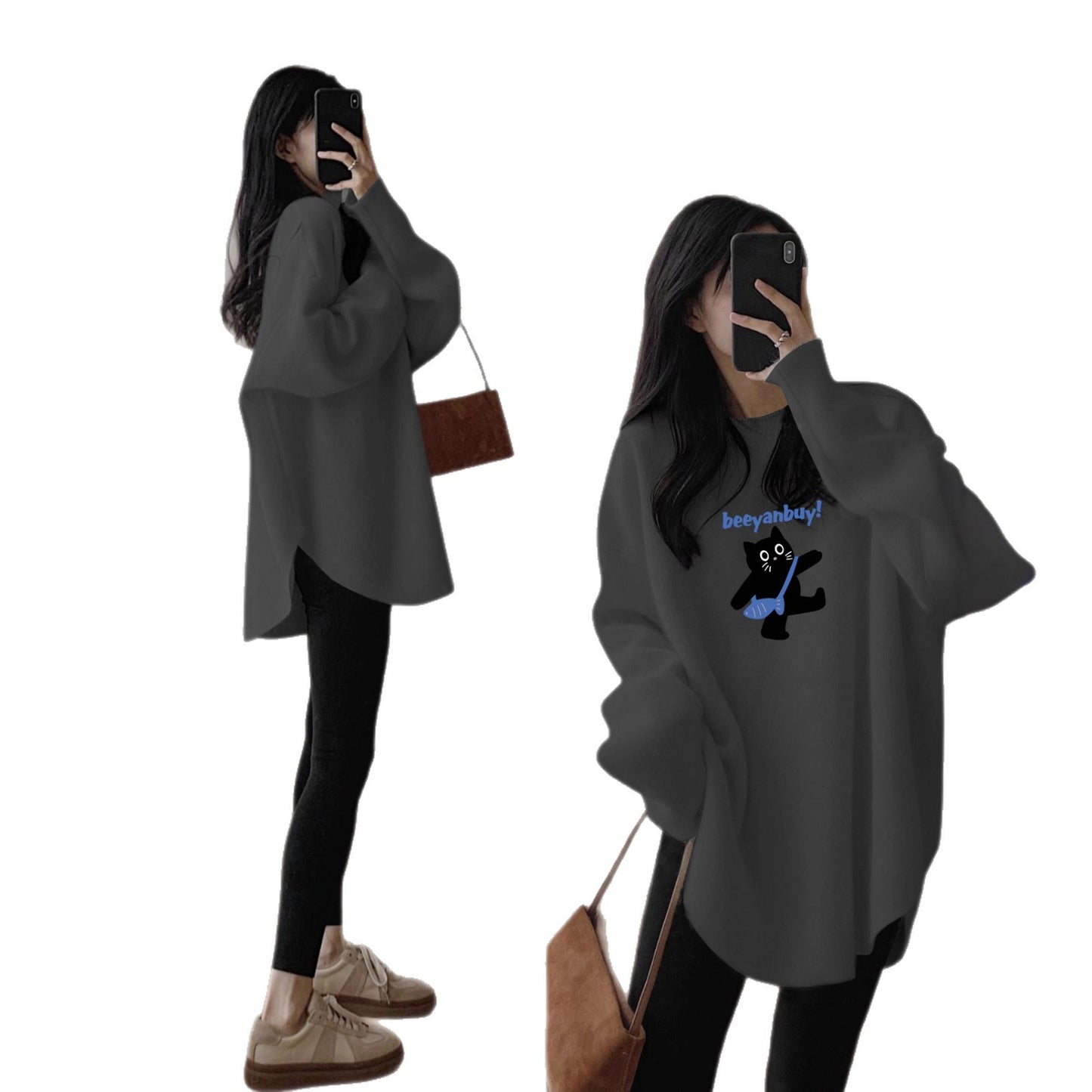 Women's Long Sleeve Loose Mid-length Round Neck Slim And Versatile Base Shirt