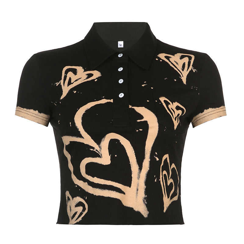 Vintage Fashion Hjerteprint Kortærmet T-shirt Med Reverskrave Streetwear Croptop