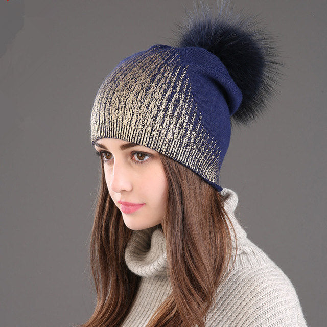 Warm Wool Knitted Hat Women's Hot Gold And Silver Color Women