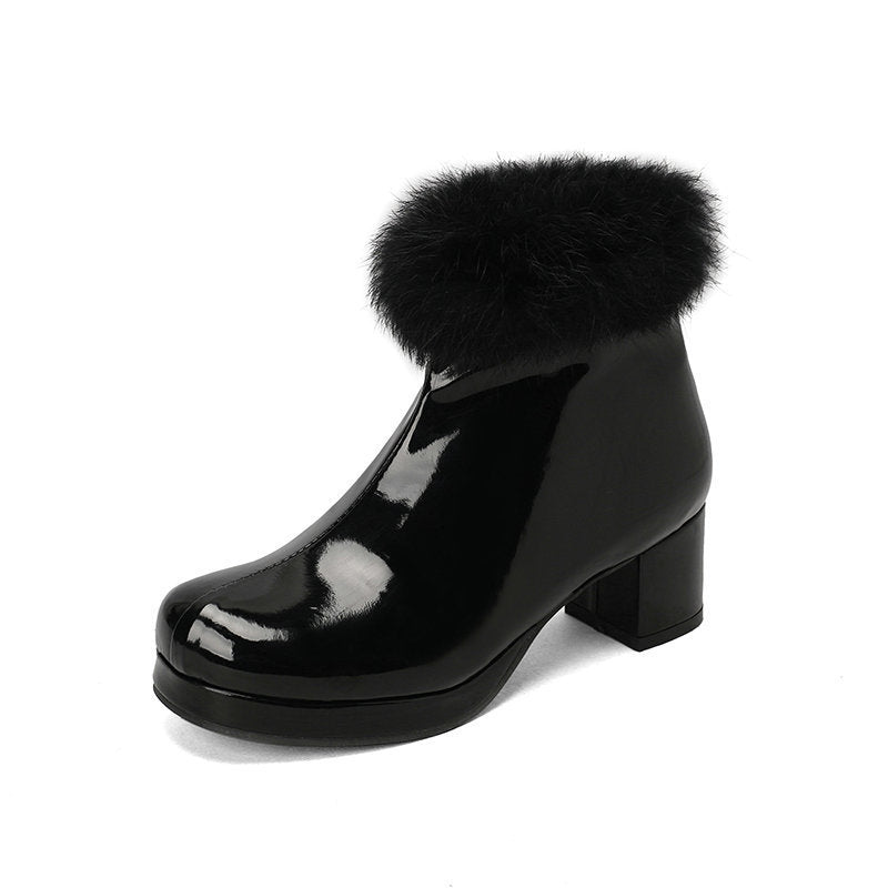 Womens Short Boots For Fall Winter Patent Leather Chunky Heel