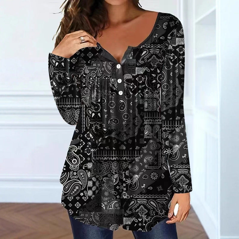 Paisley Mønster Elegant Løs Knap V-hals Top Dame T-shirt