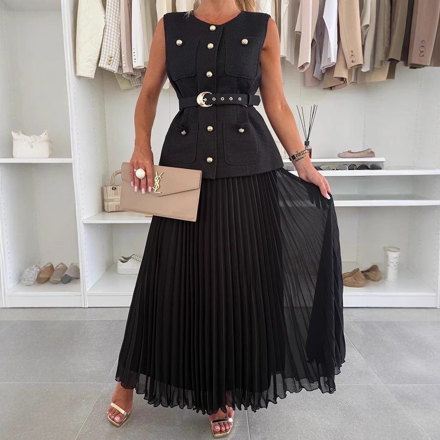 Sleeveless Chanel-style Vest Paired With A Mesh Pleated Skirt Two-piece Set