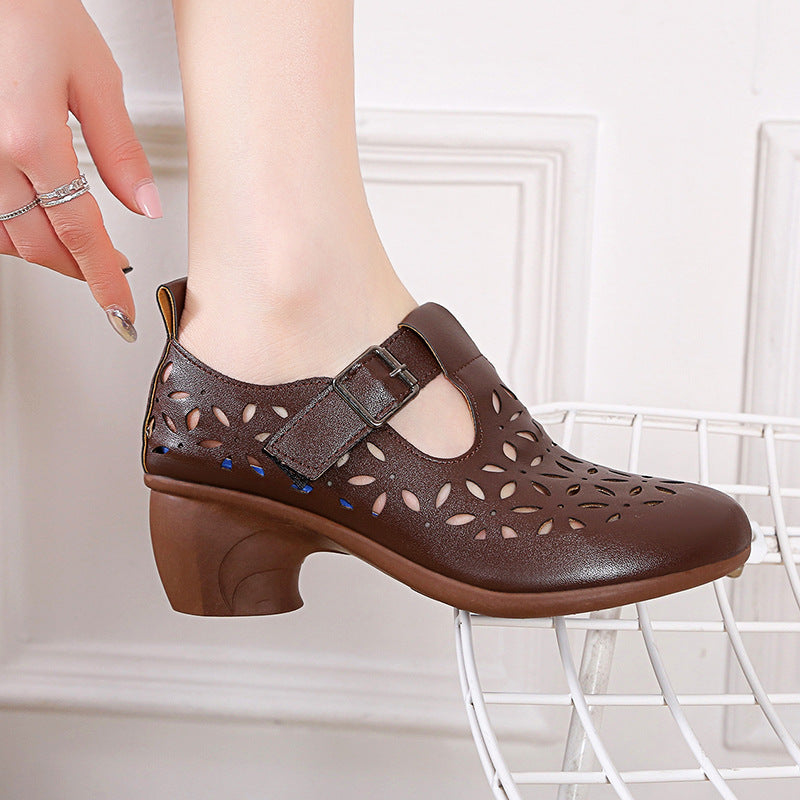 High Heel Retro Hollow Sandals Spring And Summer New Round Toe Buckle Mom Shoes