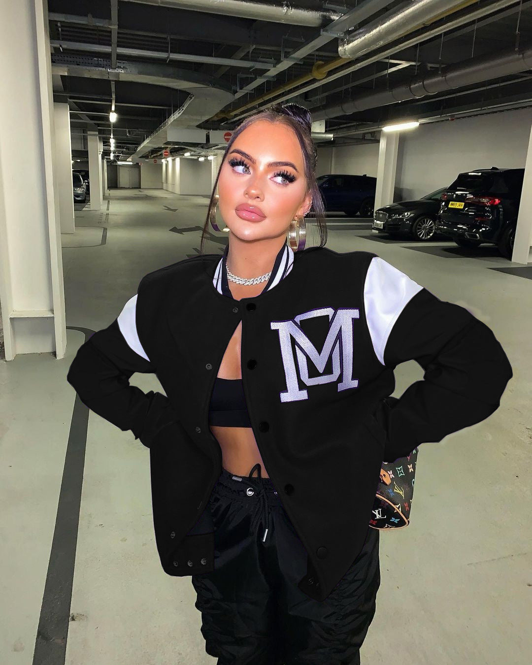 Veste de baseball unie avec patchwork et lettres décalées
