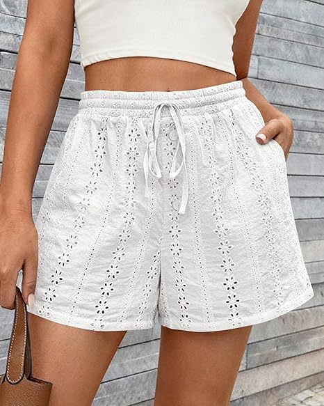 Solid Color Elastic Waist Drawstring Beach Shorts For Women