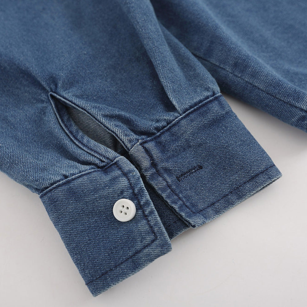 Retro Cartoon Animal Embroidery Denim Long Sleeve Shirt