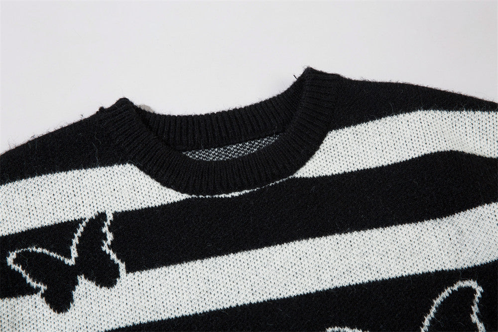 Stribet Kontrastfarvet Sommerfugl Rund Hals Sweater Efterår Og Vinter