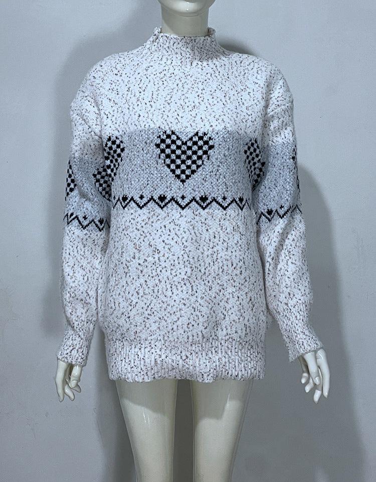Embroidered Jacquard Pullover Loose Bottoming Shirt Mock Neck Sweater Coat