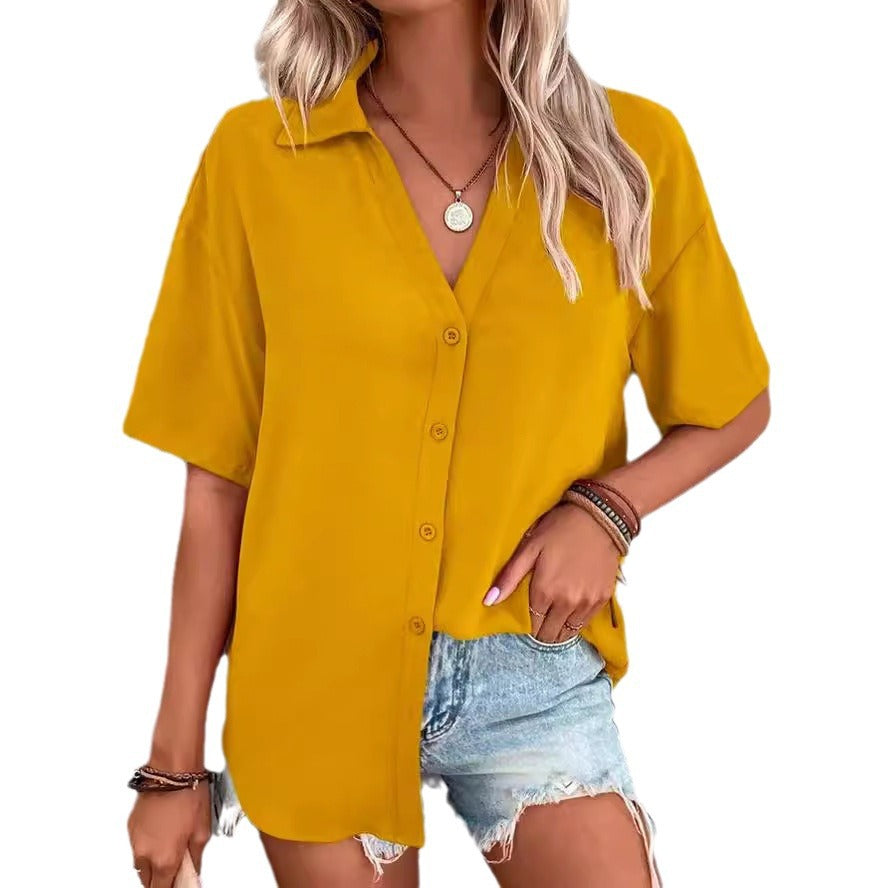 Temperament Pure Color V-neck Shirt Women's Top Short Sleeve