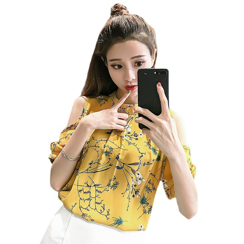 Summer Off-the-shoulder Top Half Sleeve Floral Chiffon Shirt Short Sleeve