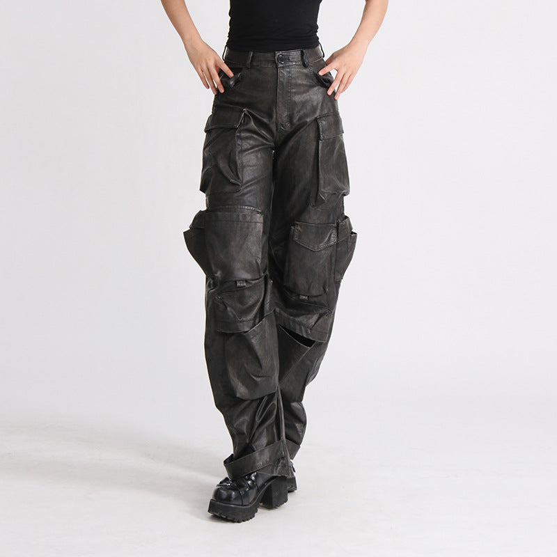 Fashion Unique Design Pocket High Waist Wide Leg Solid Color American PU Overalls