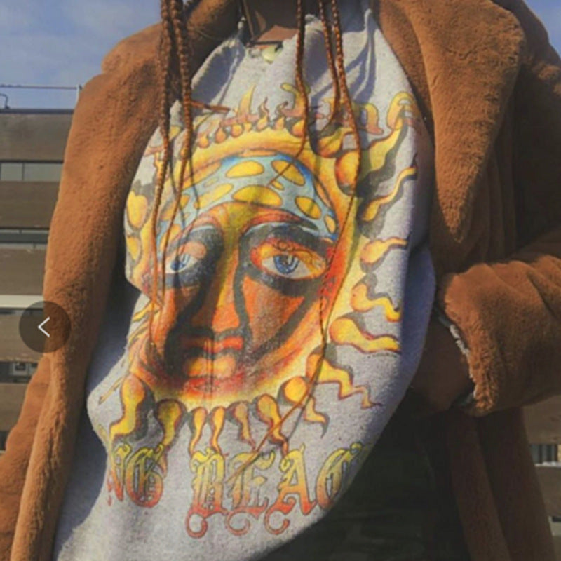 Women's Casual Loose Abstract Sun Letter Print Sweatshirt