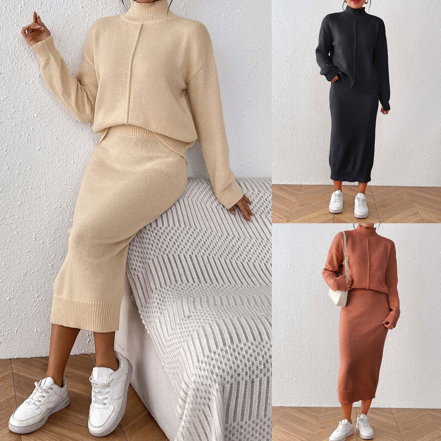 Women's Semi-high Neck Pullover Sweater And Bodycon Skirt Two-piece Set