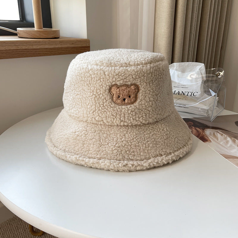 Cute Bear Lamb Hair Fisherman Corduroy Warm Basin Hat