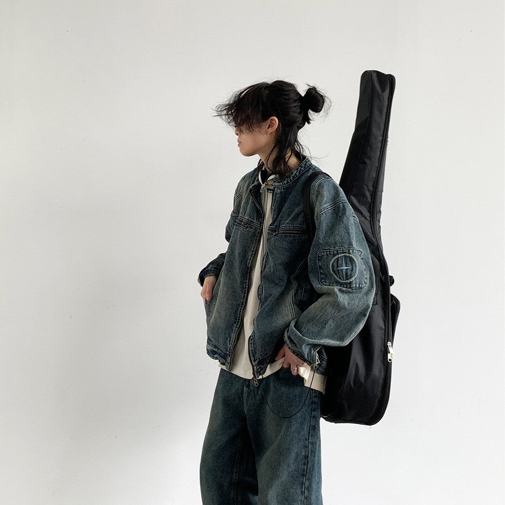Jakkejakke til mænd i japansk retro-broderet vasket denim
