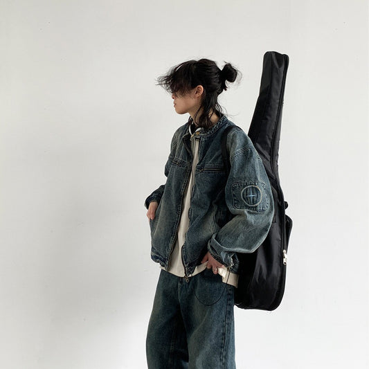 Jakkejakke til mænd i japansk retro-broderet vasket denim