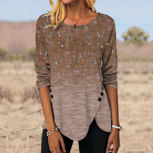 Digital Retro Printed Button Irregular Hem Round Neck Long Sleeve 3D