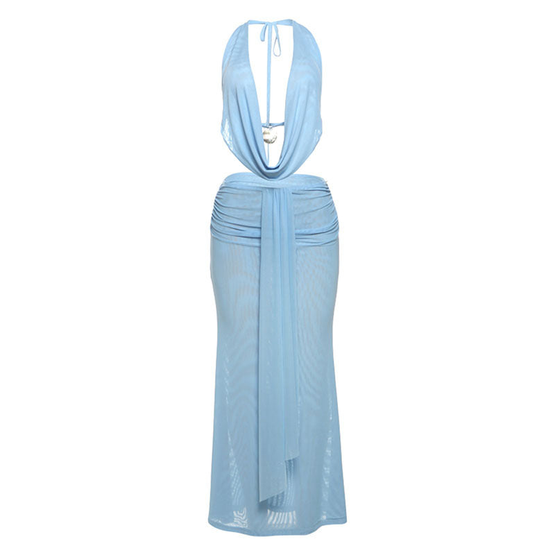 Solid-color Mesh Backless Halter-neck Tank Dress Set For Women
