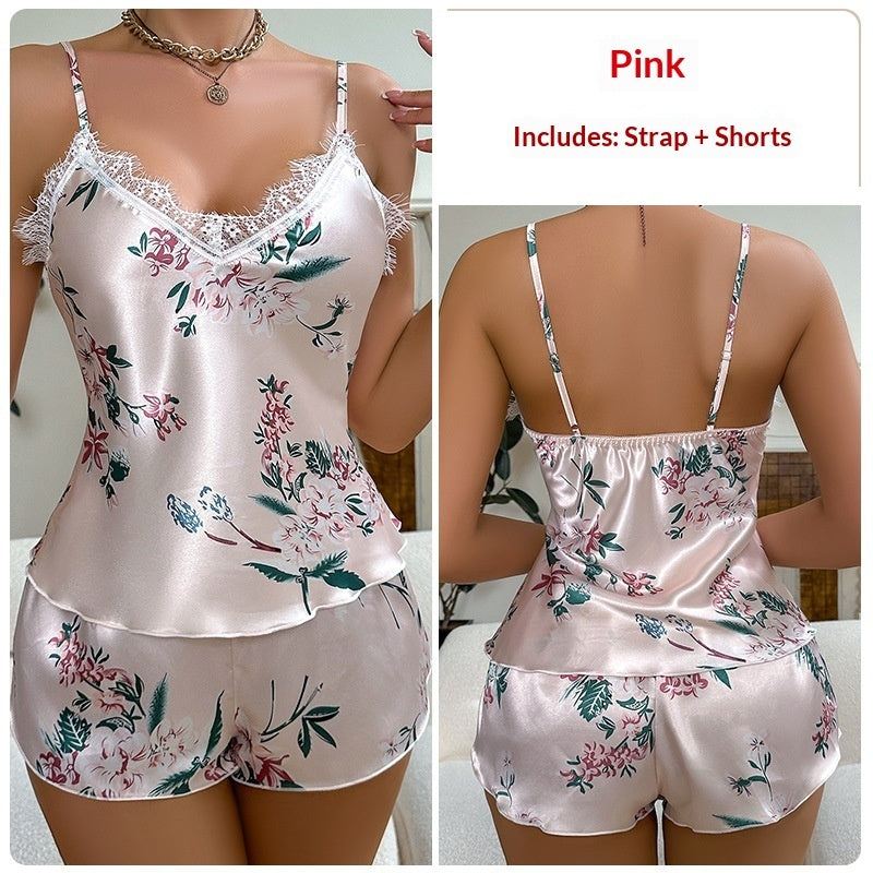Ice-silk Top And Shorts Two-piece Loungewear Set