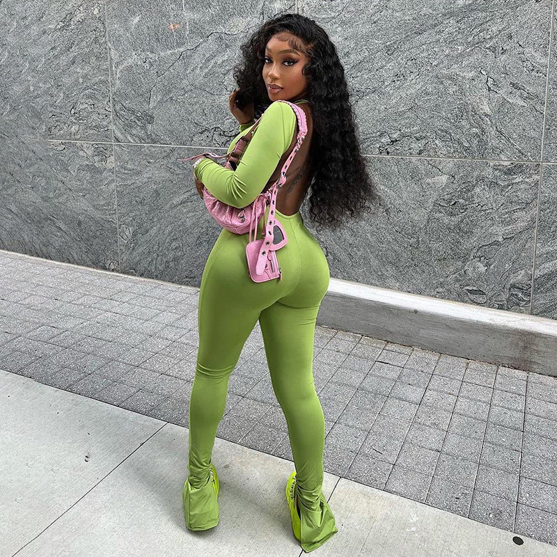 Women's Slim U-neck Backless Shrink Pleated Jumpsuit