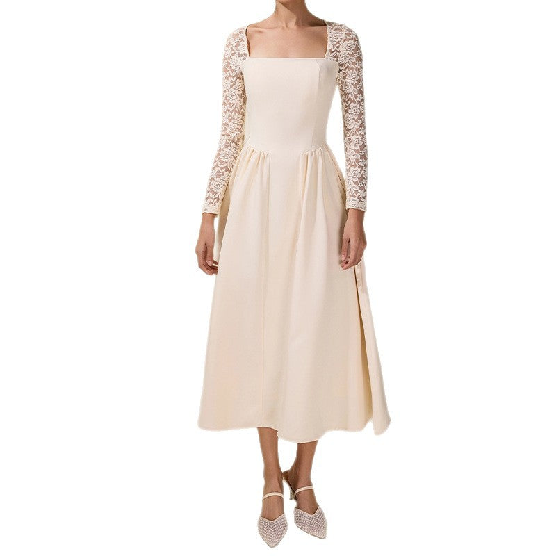 Womens Long-Sleeve Lace-Patchwork Elegant Dress