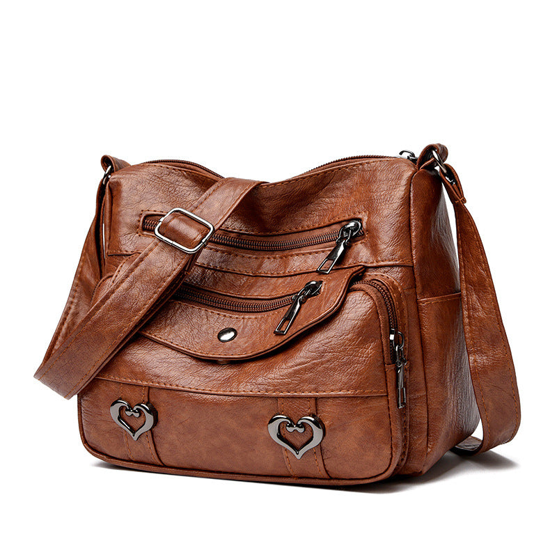 Crossbody Bag Soft Leather Textured Retro Large Capacity Middle-aged