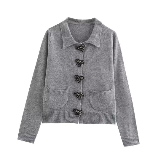 Bow Decorated Row Button Polo Collar Solid Color Short Long Sleeve Knitted Cardigan