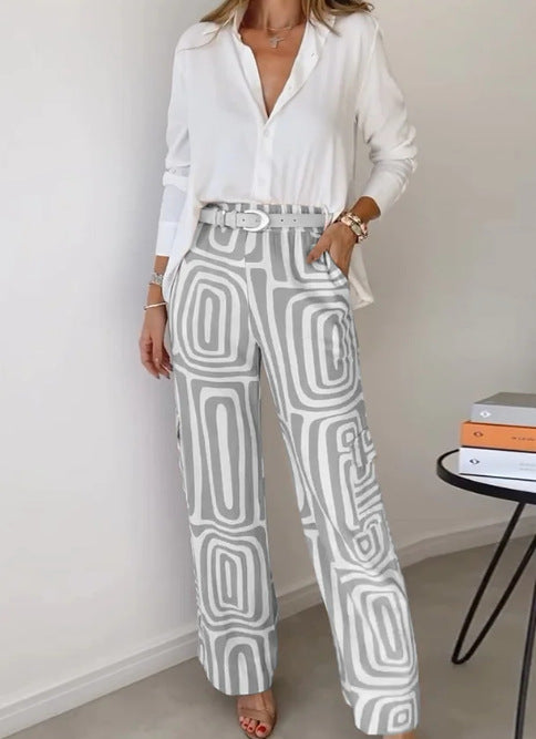 Long-sleeved Lapel Shirt Printed Wide-leg Pants Suit