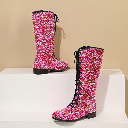 Glittery Round-toe Mid-heel Over-the-knee Boots With Front Lacing