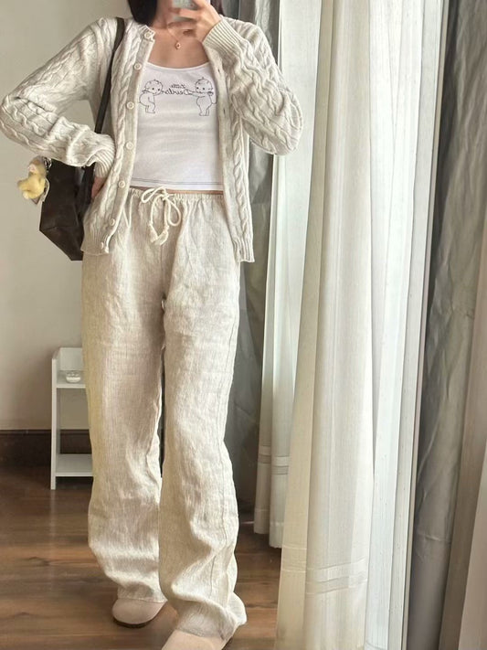 Cotton And Linen High Waist Loose Striped Lace-up Elastic Waist Wide Leg Pants