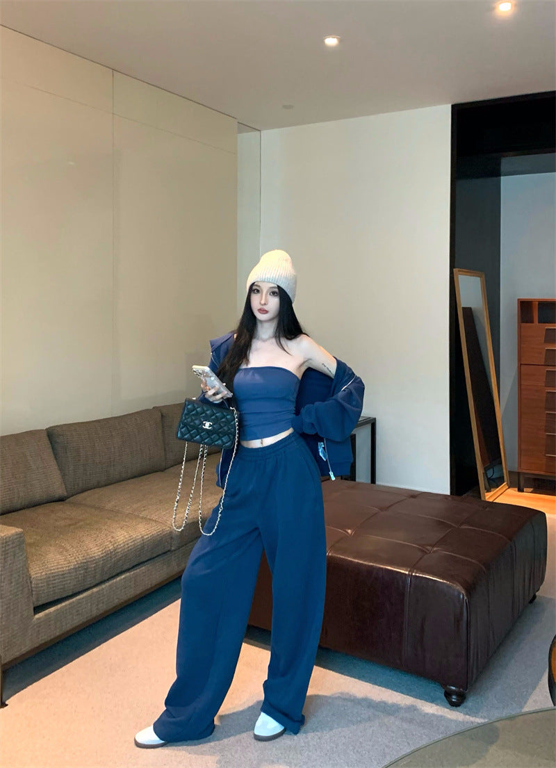 Hooded Sweatshirt Jacket Zip-up Cardigan Top And Tube-top Set
